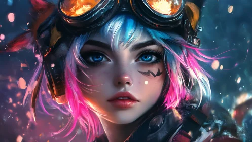 Cyberpunk girl portrait with neon hair and burning pilot goggles