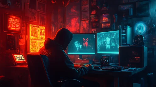 Hooded operator in neon-lit dual-monitor cyber intrusion setup