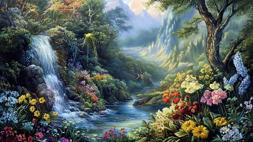 Dense floral valley with cascading waterfall and atmospheric depth
