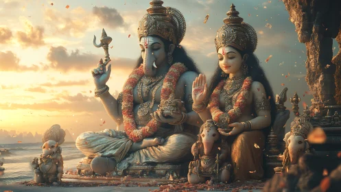 High-detail deities rendered in warm volumetric sunset lighting