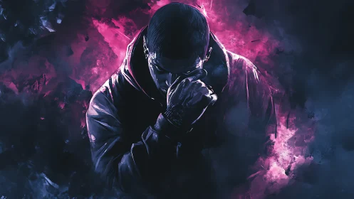 Hooded figure in dark jacket against pink smoke field.