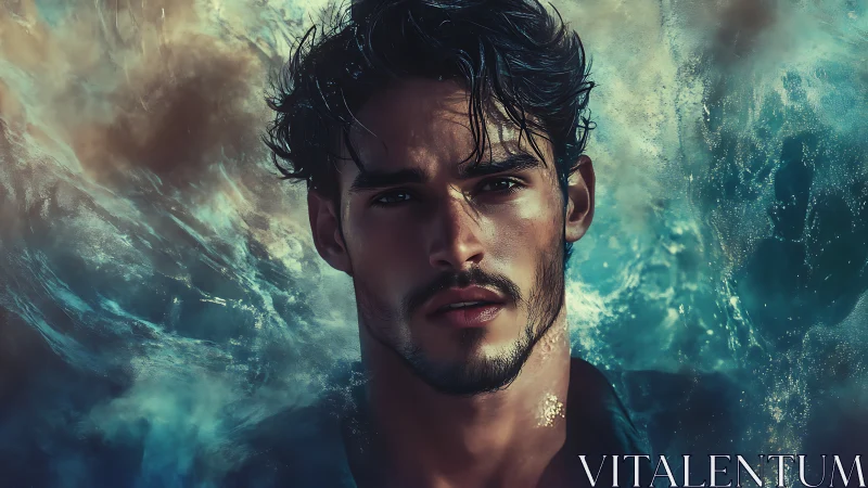 Male portrait with turbulent oceanic background.