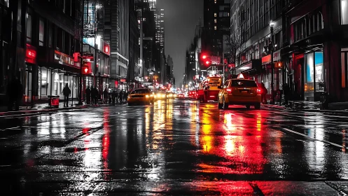 Urban street at night records wet roadway light reflections.