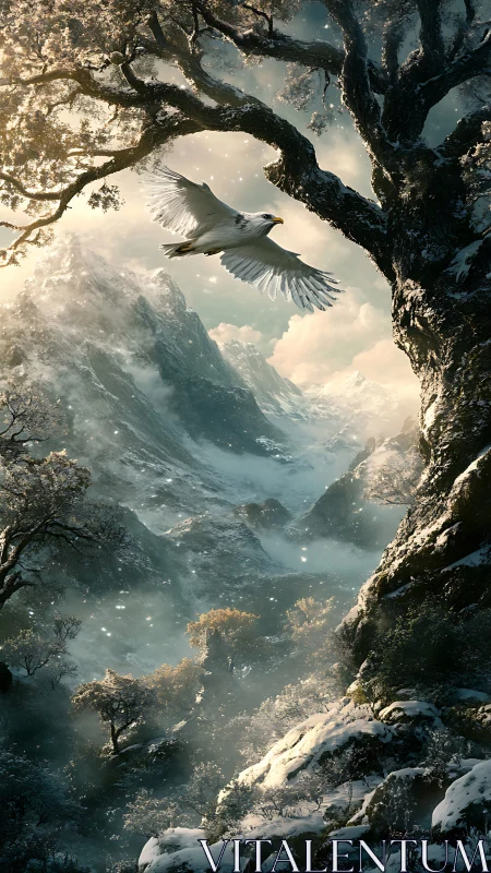 Eagle glides through spellbound winter mountainscape glow.