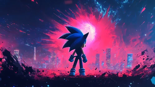 Blue hedgehog hero faces neon city under exploding sky