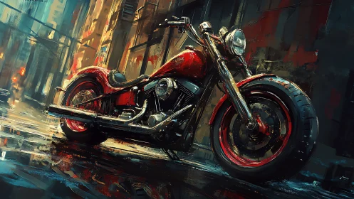 Crimson custom motorcycle gleams on rain-soaked city street.