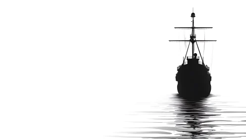 Naval vessel frontal silhouette with high-contrast water reflection.