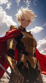 Blond anime knight in gold armor under bright sky.