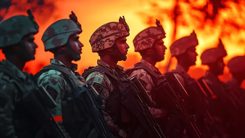 Soldiers in formation against intense red sunset sky.