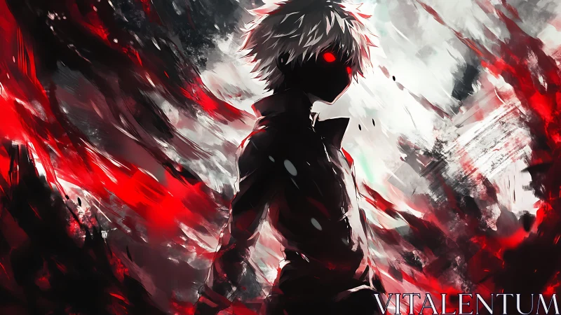 Crimson-eyed shadow hero standing in swirling chaos light.