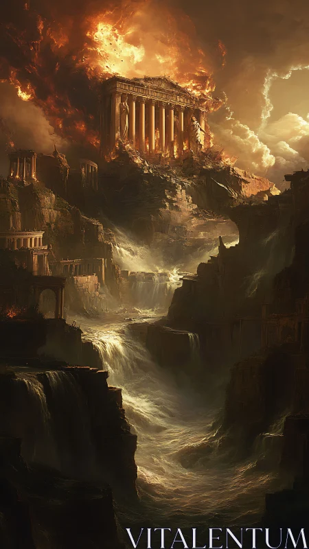 Ancient temple crumbles in a fiery apocalyptic deluge.