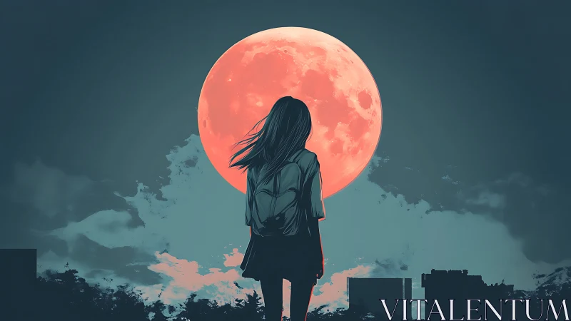 Scarlet moon crowns a lone dreamer on the city’s quiet edge