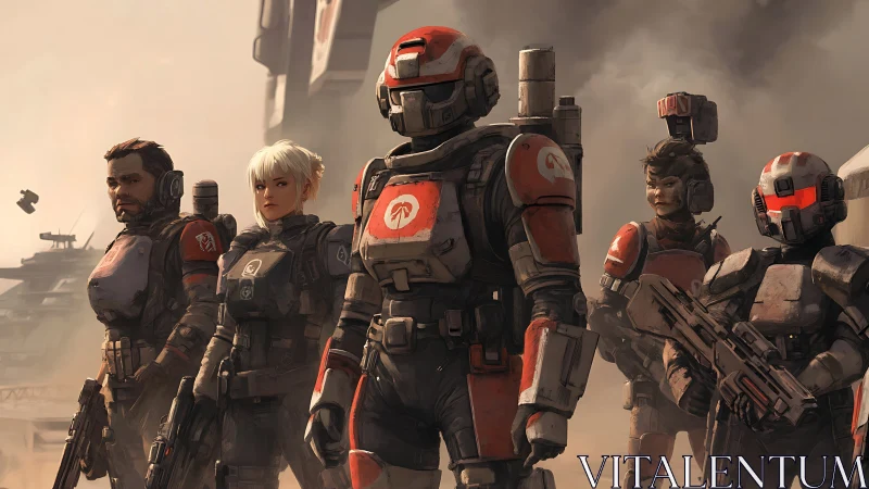 Armored sci fi strike team advancing through warzone.