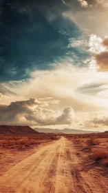 Desert dirt road under expansive clouded sky landscape.