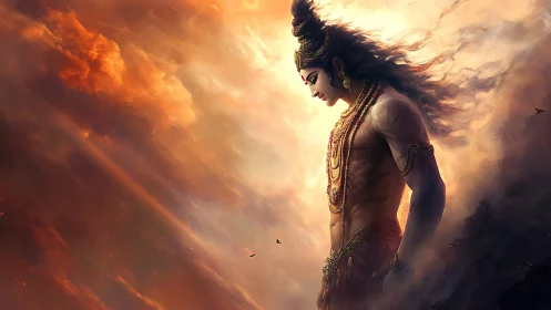 Divine warrior stands in blazing celestial storm of light