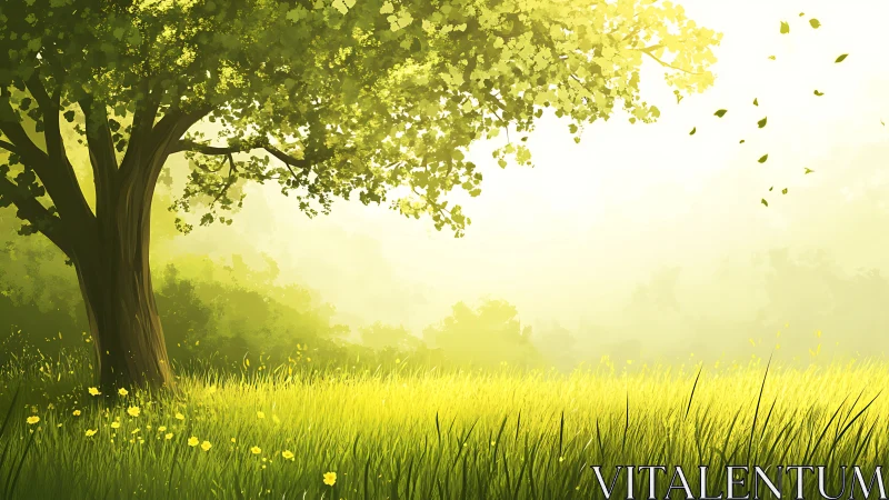 Sunlit meadow tree rendered in soft luminous greens.