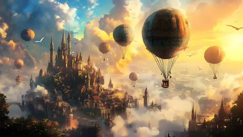 Castle city skyline with airships above layered cloudscape.