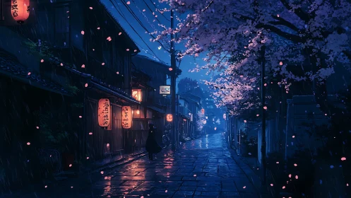 Rainy night street under cherry blossoms in soft blue tones.