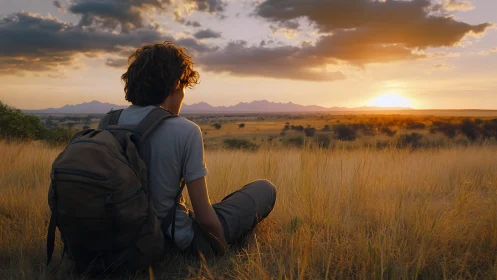 Backpacker observes golden savanna sunset in soft warm light