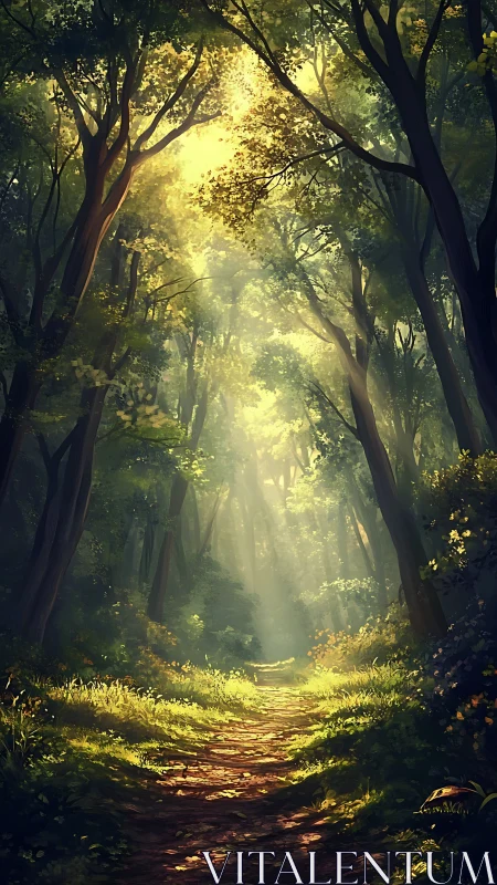 Sunlit Forest Corridor with Atmospheric Volumetric Rays Through Canopy