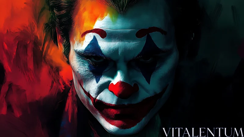 Cinematic clown portrait employs chiaroscuro and saturated primaries