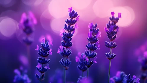 Lavender Flowers in Soft Purple Glow. Dreamy Bokeh Light.