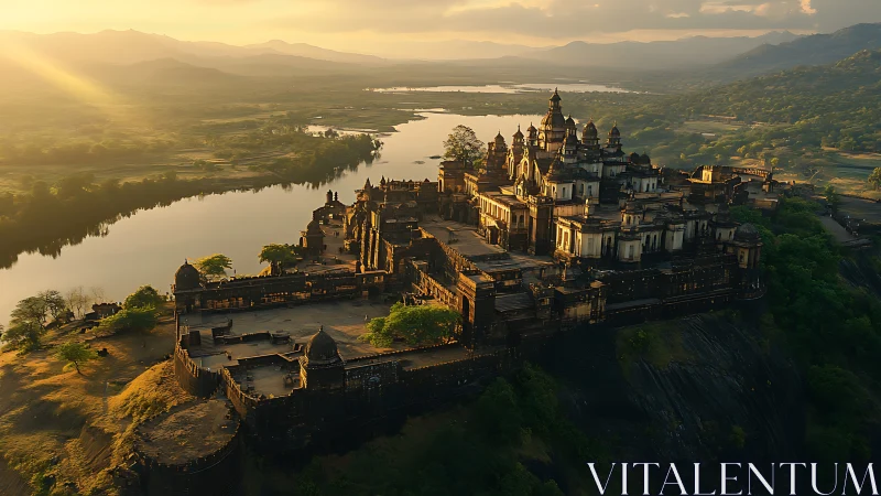 Photorealistic aerial palace fortress in golden hour lighting.