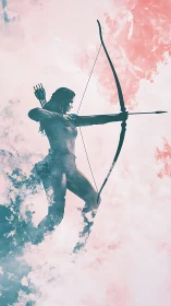 Digital painting silhouette of archer in ethereal cloudscape.