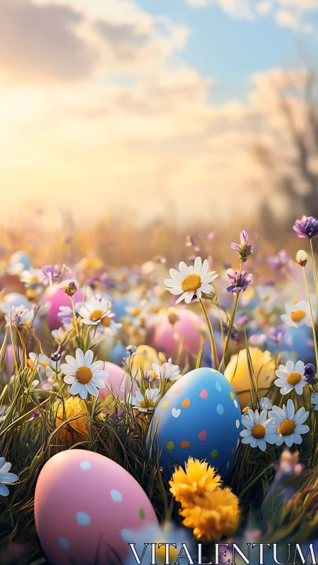 Colorful Easter eggs rest among wildflowers at sunset