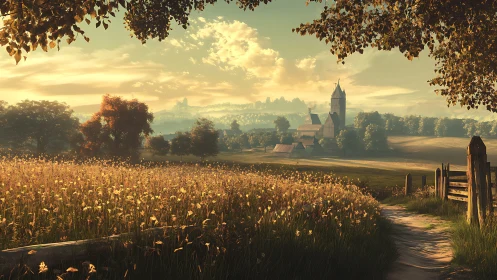 Rural path leading to village church at golden sunset.