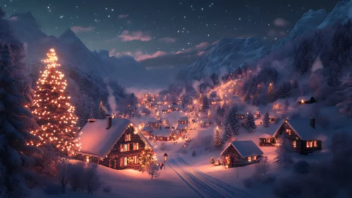 Snowy mountain village glows under starry winter night sky
