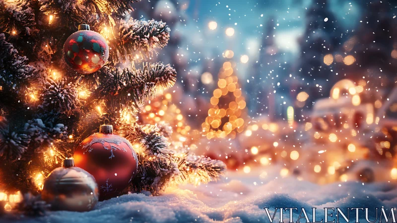 Glowing Christmas tree lights sparkling in the falling snow.