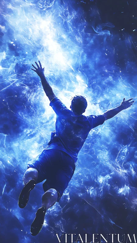 Digital athlete diving through blue energy vortex field.