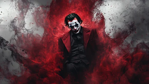 Haunting clown figure emerges from swirling red chaos