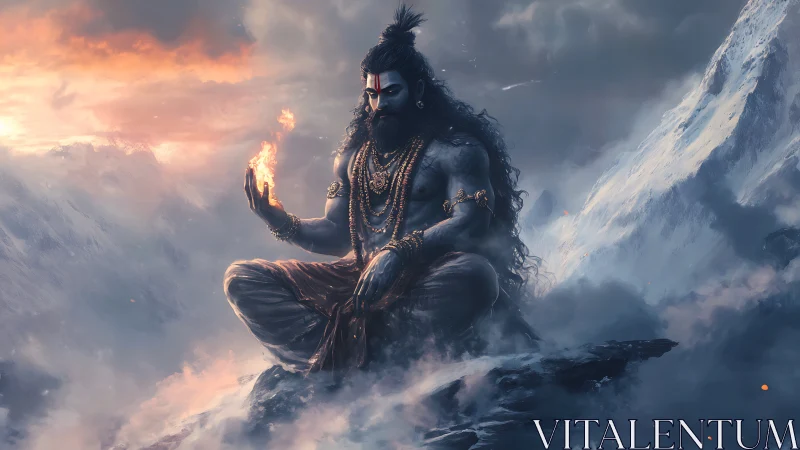 Mystic mountain sage holding fire in serene meditation.