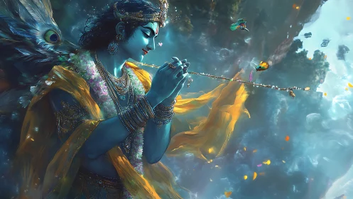 Radiant blue musician in golden robes playing a celestial flute.