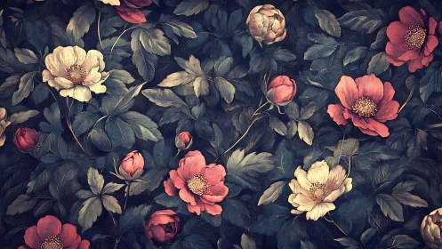 Digital painting of peony tapestry with layered foliage depth.