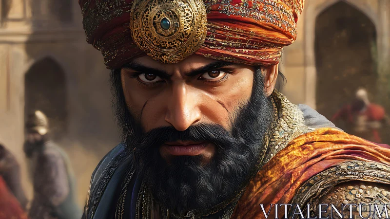 Regal warrior stares forward beneath jeweled turban in sunlight