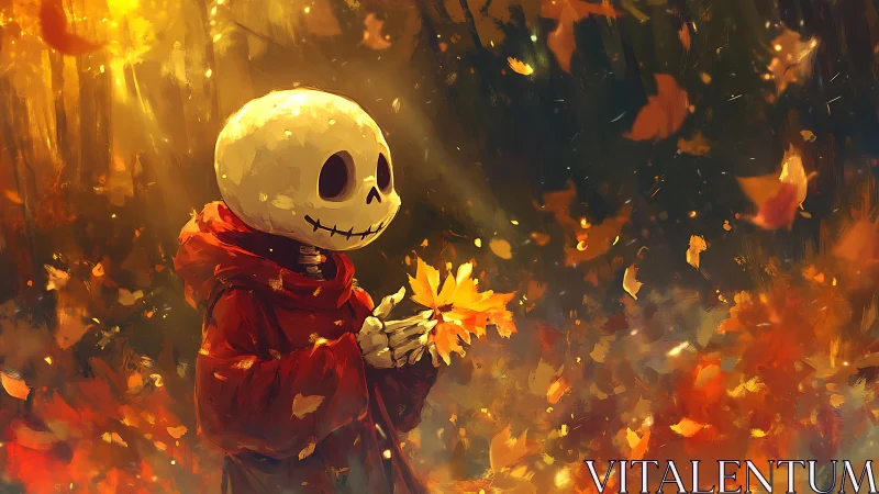 Skeleton child in red cloak studies autumn leaves under diffuse light
