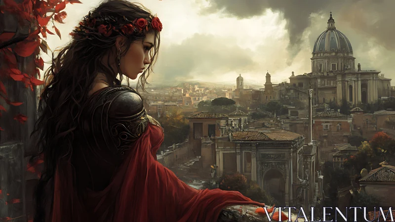Warrior maiden overlooking ancient domed city at dusk.