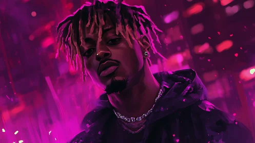 Moody neon portrait of a cool city night dreamer stand.