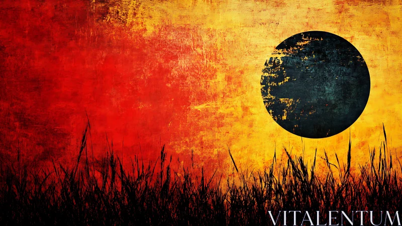 Black circular sun over grunge red yellow sunset field