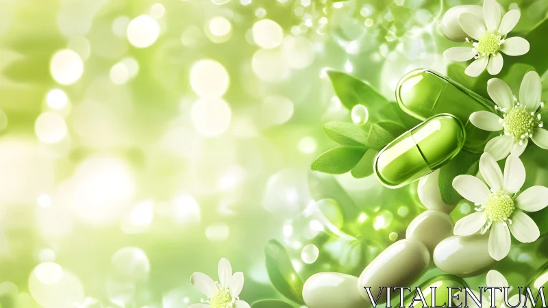 Herbal capsules and flowers on green background, nature-inspired style.