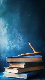 Stacked study books with pencils on textured blue backdrop.