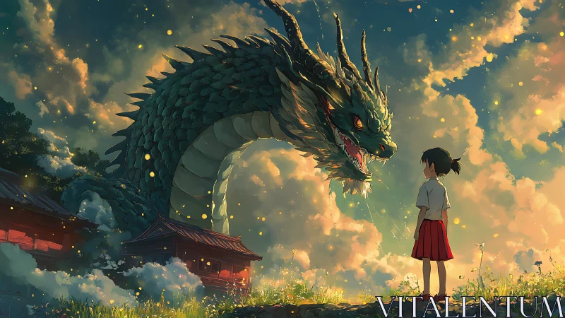 Celestial dragon arcs around girl amid volumetric clouds and sparks