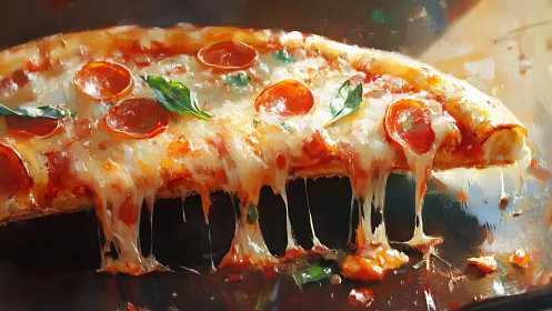 Digital painting of molten pepperoni pizza slice in motion.