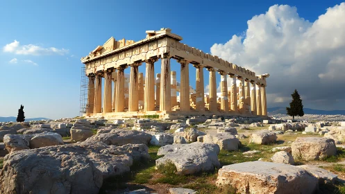 Sunlit Parthenon sentinel above scattered marble echoes.