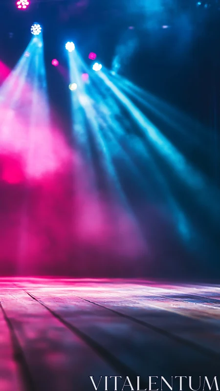 Stage floor under converging RGB spotlights with aerial haze.
