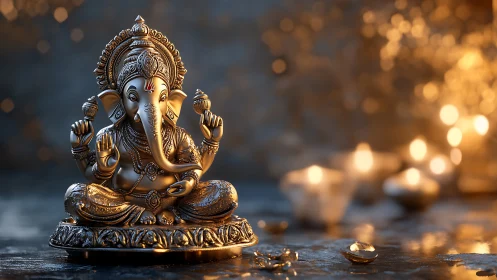 Photorealistic brass Ganesha sculpture with bokeh diya lights.