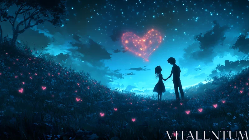 Couple silhouettes in luminous field under glowing heart constellation